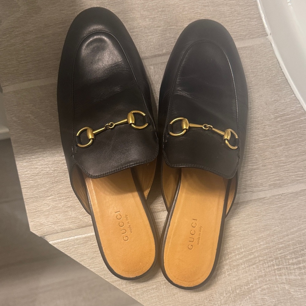 Gucci Black Leather Mules with Gold Hardware
